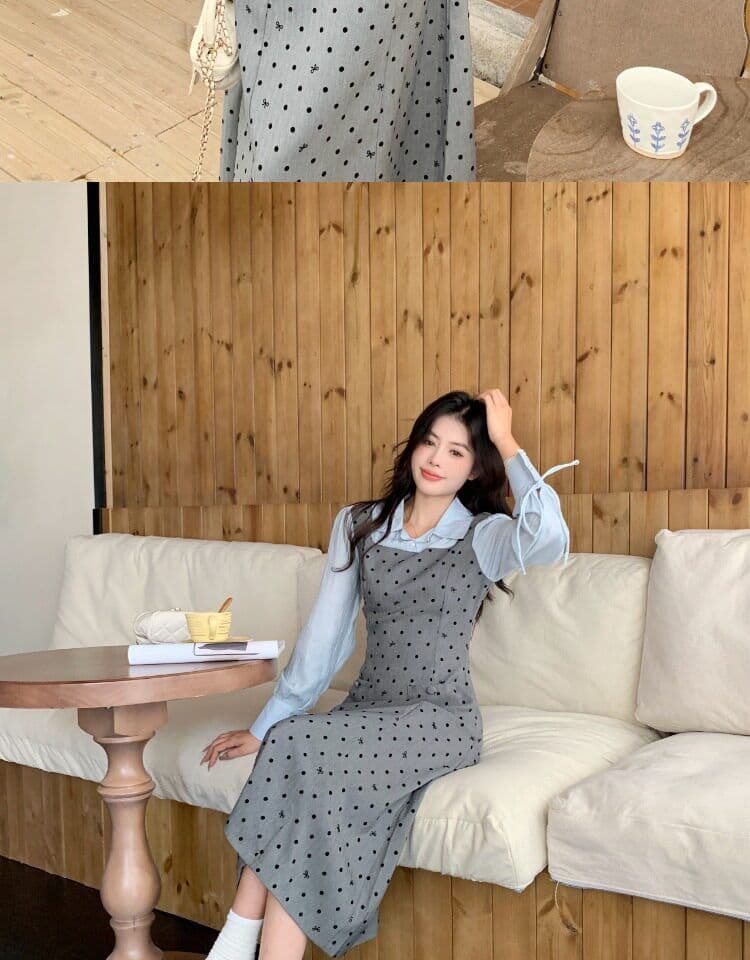 빅 사이즈 마이크로 지방 페이크 레이어드 도트 무늬 여성 드레스 봄 새로운 긴팔 조끼 스커트 지방 mm 표지 배 슬림해 보이는 치마 상세 이미지 21
