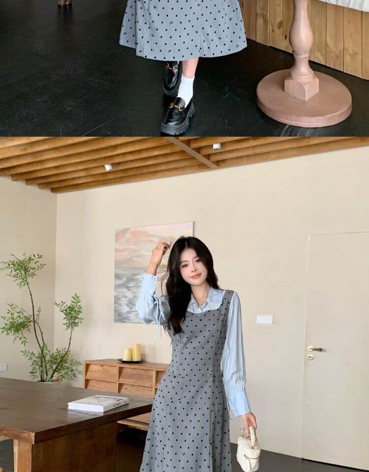 빅 사이즈 마이크로 지방 페이크 레이어드 도트 무늬 여성 드레스 봄 새로운 긴팔 조끼 스커트 지방 mm 표지 배 슬림해 보이는 치마 상세 이미지 23