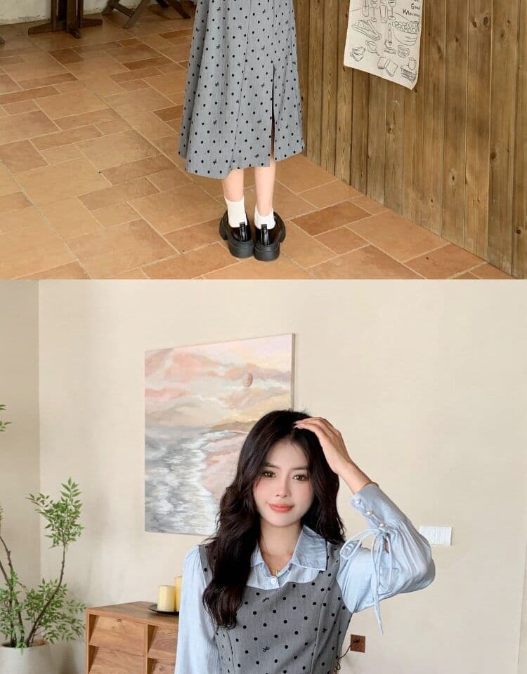 빅 사이즈 마이크로 지방 페이크 레이어드 도트 무늬 여성 드레스 봄 새로운 긴팔 조끼 스커트 지방 mm 표지 배 슬림해 보이는 치마 상세 이미지 26