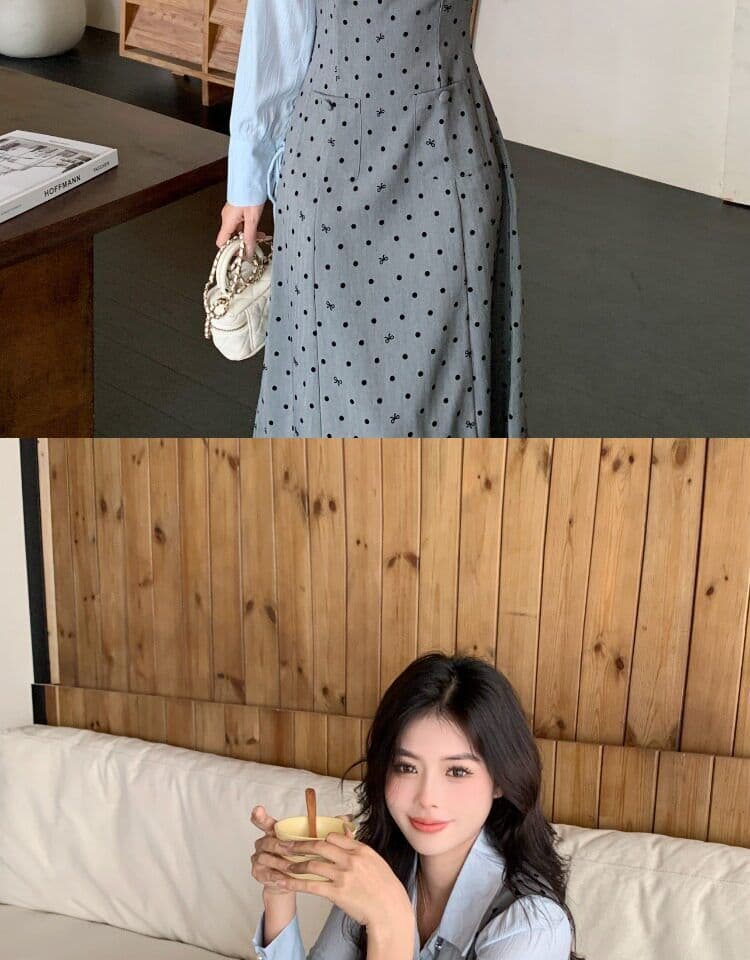 빅 사이즈 마이크로 지방 페이크 레이어드 도트 무늬 여성 드레스 봄 새로운 긴팔 조끼 스커트 지방 mm 표지 배 슬림해 보이는 치마 상세 이미지 27