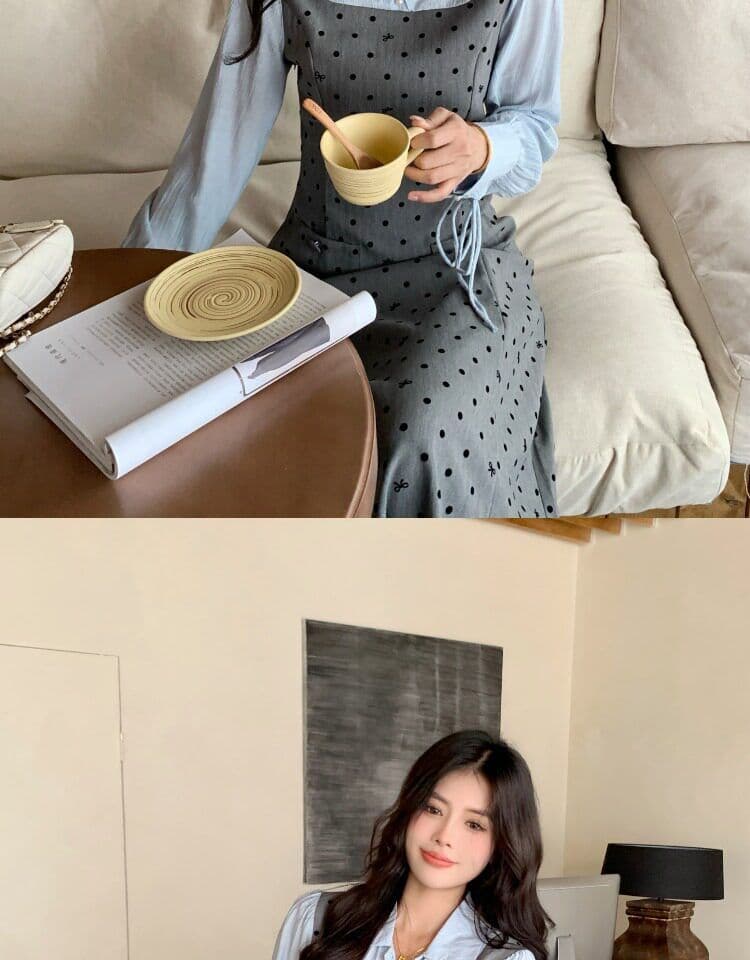 빅 사이즈 마이크로 지방 페이크 레이어드 도트 무늬 여성 드레스 봄 새로운 긴팔 조끼 스커트 지방 mm 표지 배 슬림해 보이는 치마 상세 이미지 29