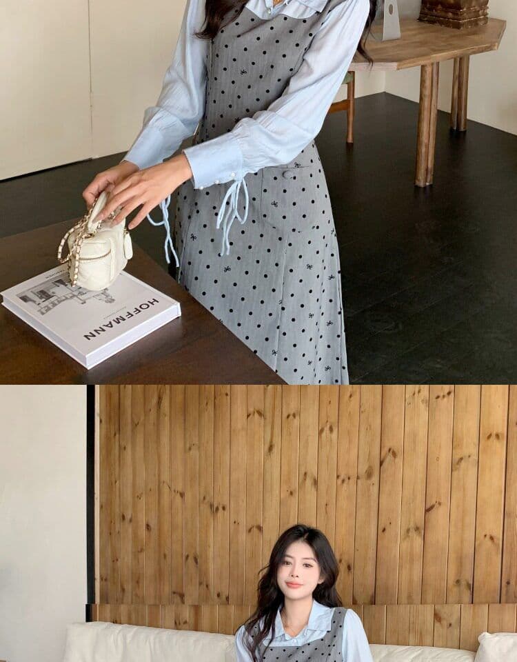 빅 사이즈 마이크로 지방 페이크 레이어드 도트 무늬 여성 드레스 봄 새로운 긴팔 조끼 스커트 지방 mm 표지 배 슬림해 보이는 치마 상세 이미지 30