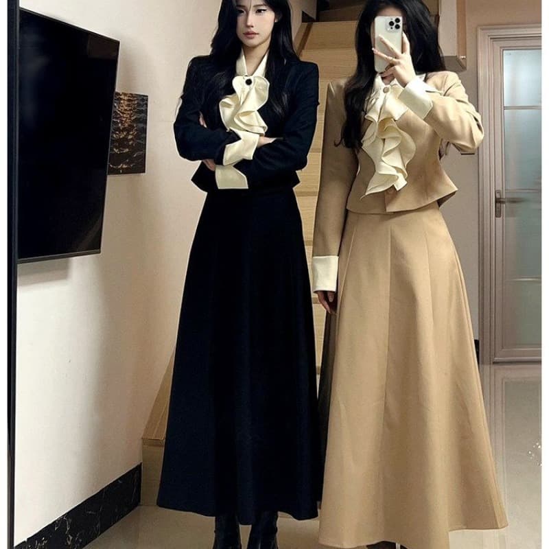 키 큰 남자 투피스 슈트 여성 의류 작은 샤넬 스타일 고급 센스 천 금빛 바람 전체 집합 길다 치마 착용 가져 가라. 빅 사이즈 봄 이미지 5