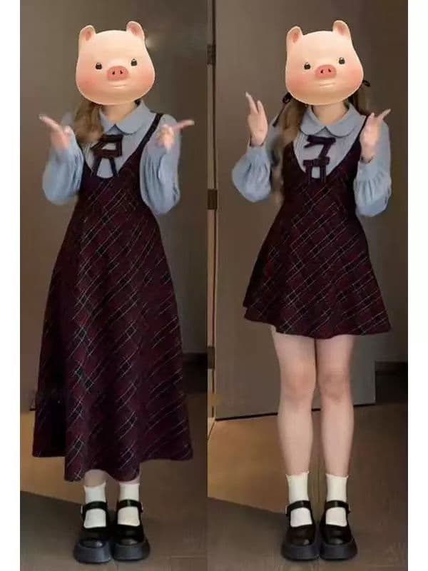 체크무늬 페이크 레이어드 여성 드레스 2026 가을 겨울 새로운 마이크로 지방 빅 사이즈 긴팔 허리 수축 치마 상세 이미지 1