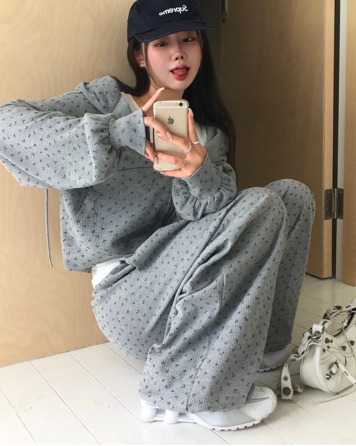 한국 chic 가을 프랑스식 작은 청신 후아 남편 그리드 후드 꽃무늬 후드티 여성 코트 하이웨이스트 캐주얼 긴 바지 상세 이미지 1