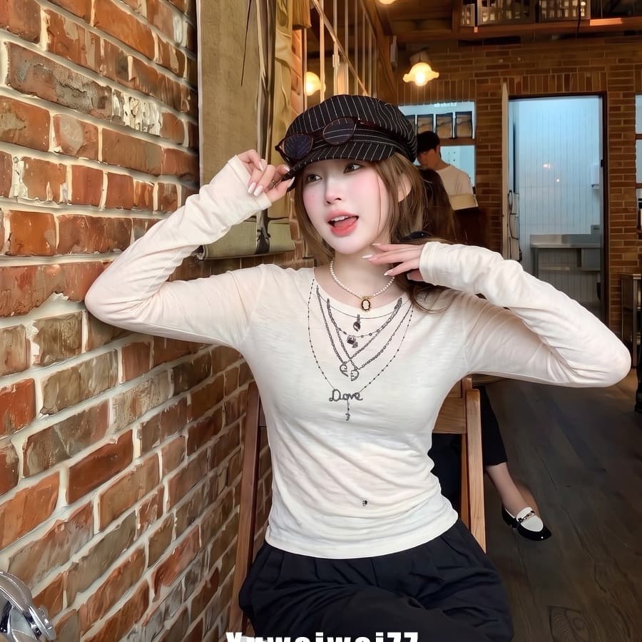 260 그램 사람들 면 한 부서 디자인 센스 목걸이 프린트 라운드 넥 긴팔 티셔츠 여성 가을 긍정적 인 어깨 슬림해 보이는 만나는 맨위 이미지 5