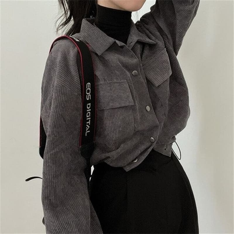 한국 chic 새로운 레트로 미니멀리즘 폴로 칼라 쇼트 스타일 펌프 로프 긴팔 셔츠 코듀로이 루즈핏 맨위 재킷 가을 상세 이미지 5