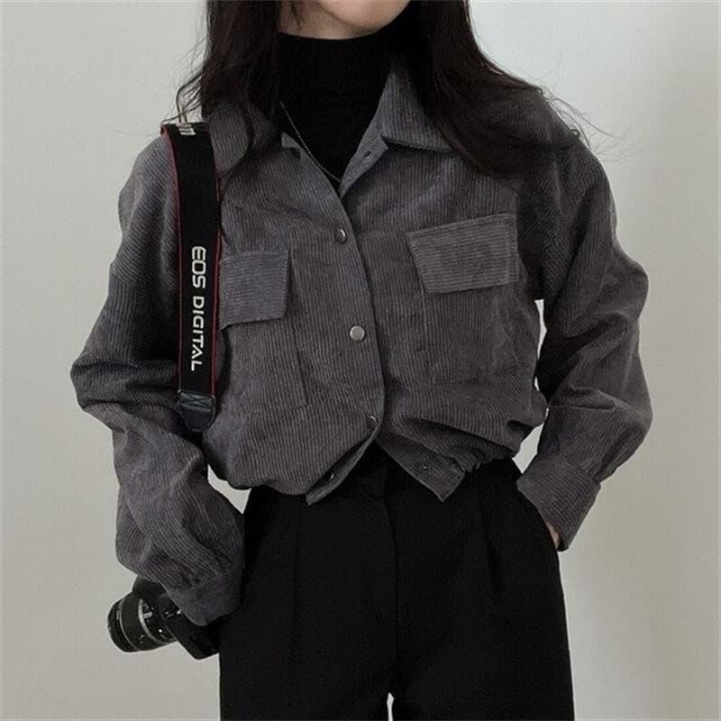 한국 chic 새로운 레트로 미니멀리즘 폴로 칼라 쇼트 스타일 펌프 로프 긴팔 셔츠 코듀로이 루즈핏 맨위 재킷 가을 상세 이미지 9