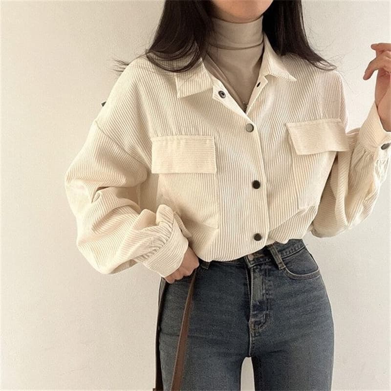 한국 chic 새로운 레트로 미니멀리즘 폴로 칼라 쇼트 스타일 펌프 로프 긴팔 셔츠 코듀로이 루즈핏 맨위 재킷 가을 상세 이미지 12