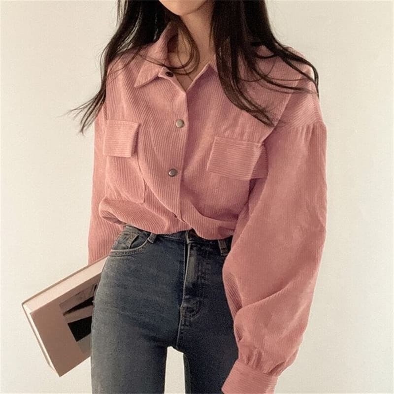 한국 chic 새로운 레트로 미니멀리즘 폴로 칼라 쇼트 스타일 펌프 로프 긴팔 셔츠 코듀로이 루즈핏 맨위 재킷 가을 상세 이미지 17