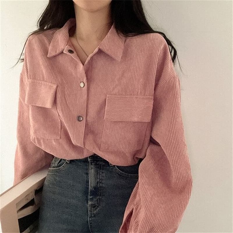 한국 chic 새로운 레트로 미니멀리즘 폴로 칼라 쇼트 스타일 펌프 로프 긴팔 셔츠 코듀로이 루즈핏 맨위 재킷 가을 상세 이미지 18