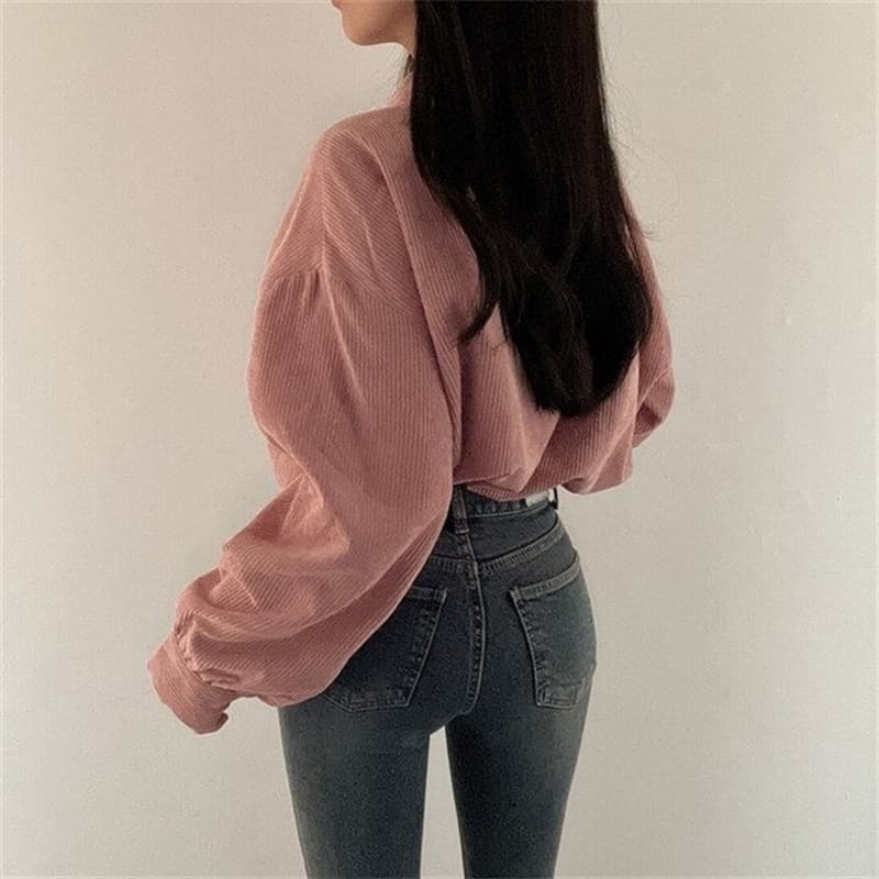한국 chic 새로운 레트로 미니멀리즘 폴로 칼라 쇼트 스타일 펌프 로프 긴팔 셔츠 코듀로이 루즈핏 맨위 재킷 가을 상세 이미지 22