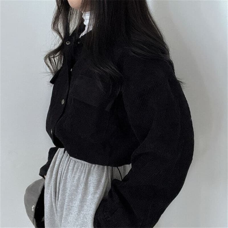 한국 chic 새로운 레트로 미니멀리즘 폴로 칼라 쇼트 스타일 펌프 로프 긴팔 셔츠 코듀로이 루즈핏 맨위 재킷 가을 상세 이미지 24
