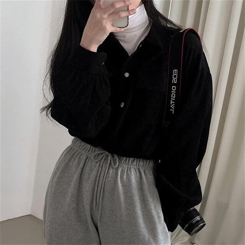 한국 chic 새로운 레트로 미니멀리즘 폴로 칼라 쇼트 스타일 펌프 로프 긴팔 셔츠 코듀로이 루즈핏 맨위 재킷 가을 상세 이미지 29