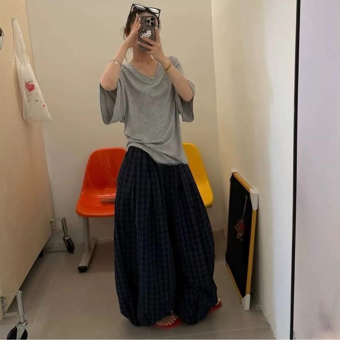 이른 가을 한 부서 레트로 체크무늬 와이드 레깅스 바지 허리밴드 슬림해 보이는 다용도 캐주얼 긴 바지 배기 바지 트렌디 다용도 상세 이미지 5