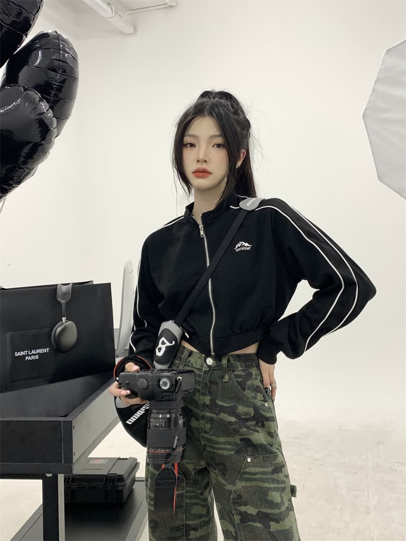 아메리칸 후드티 여성 긴 소매 하이웨이스트 재킷 가을 레트로 지퍼 오픈 가디건 쇼트 스타일 맨위 상세 이미지 13