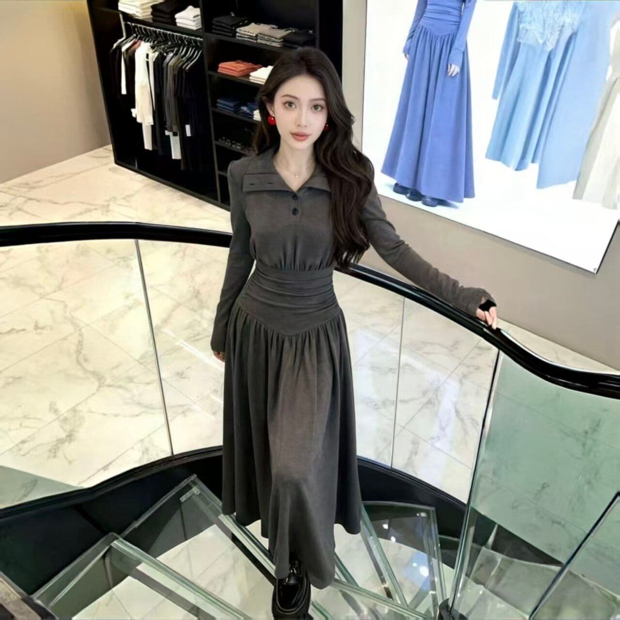 백작 센스 하프 높음 POLO 칼라 긴팔 여성 드레스 가을 겨울 주름 허리 수축 한 마디 롱 스커트 이미지 3