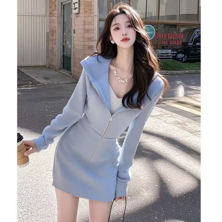 ins 가을 겨울 의류 여자 새로운 파란색 드레스 로얄 자매 어린이 착용 가져 가라. 열기 후드티 세트 도파민 꼬집기 허리 치마 이미지 5