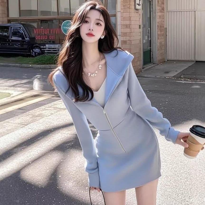 ins 가을 겨울 의류 여자 새로운 파란색 드레스 로얄 자매 어린이 착용 가져 가라. 열기 후드티 세트 도파민 꼬집기 허리 치마 상세 이미지 5