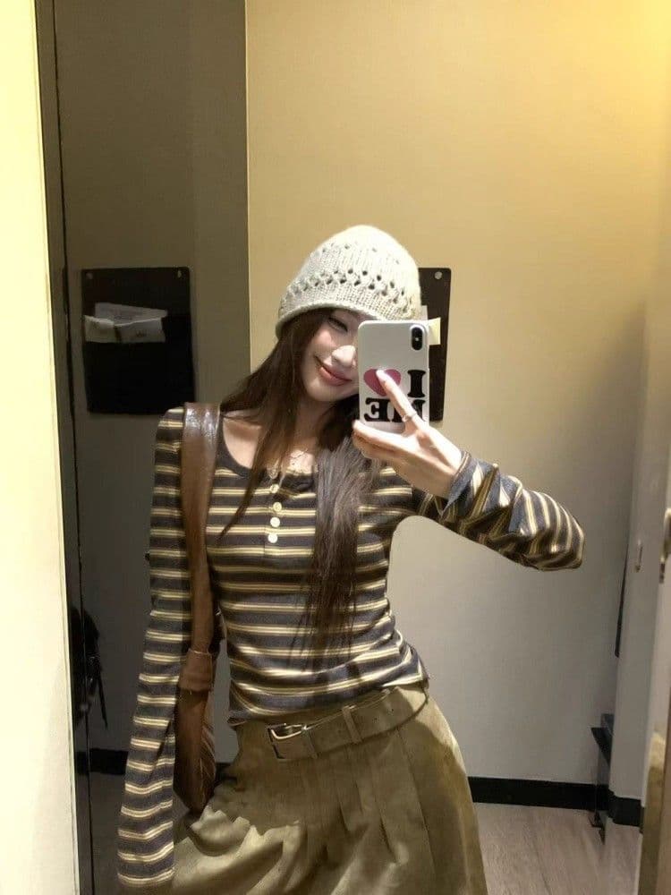 원본 스트라이프 원단 배색 스트라이프 단추 긴팔 티셔츠 여성 몸매 가꾸기 맨위 상세 이미지 5