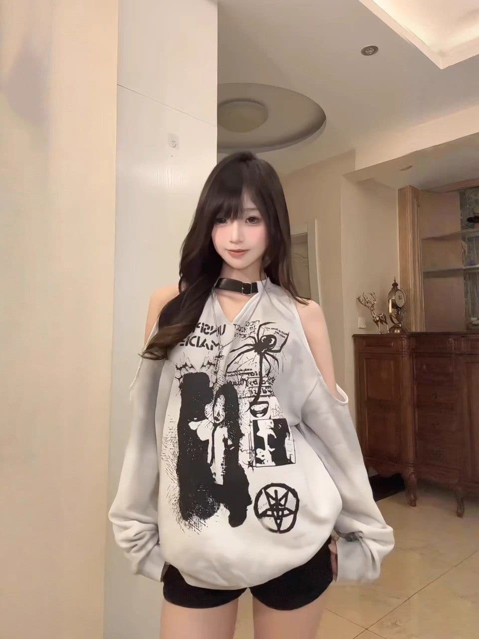 남자 바 면 낙서 프린트 오프숄더 긴팔 후드티 여성 마 오래된 루즈핏 홀로우 아웃 맨위 상세 이미지 1