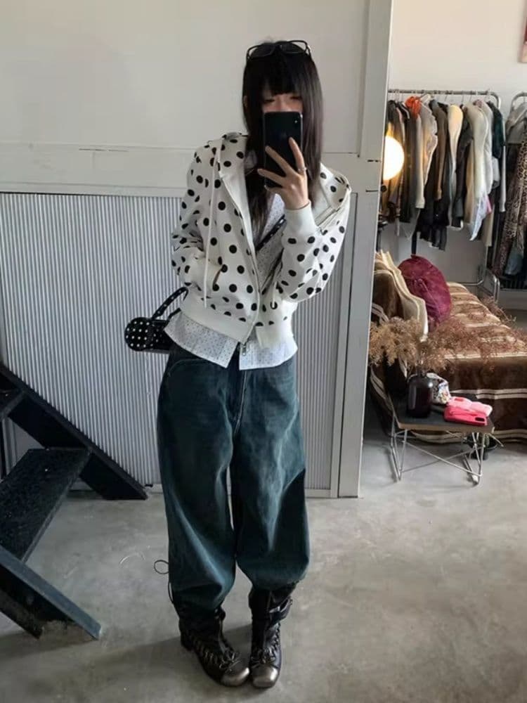 남자 바 면 도트 무늬 후드 지퍼 오픈 가디건 후드티 여성 코트 얇은 스타일 캐주얼 맨위 이미지 4