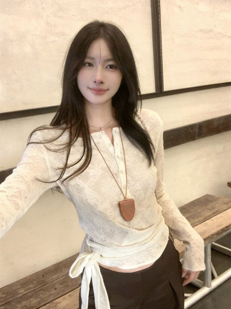 광저우 원본 원단 반 개방 칼라 헨리 칼라 기본 셔츠 여성 인사이드 가져 가라. 쇼트 스타일 긴팔 티셔츠 맨위 상세 이미지 1