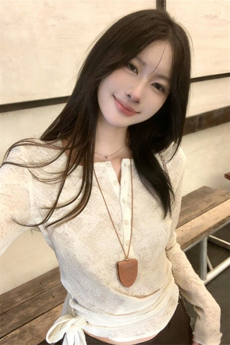 광저우 원본 원단 반 개방 칼라 헨리 칼라 기본 셔츠 여성 인사이드 가져 가라. 쇼트 스타일 긴팔 티셔츠 맨위 상세 이미지 2