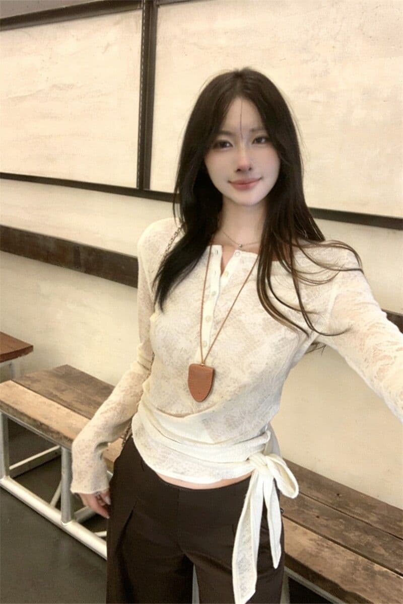 광저우 원본 원단 반 개방 칼라 헨리 칼라 기본 셔츠 여성 인사이드 가져 가라. 쇼트 스타일 긴팔 티셔츠 맨위 상세 이미지 3