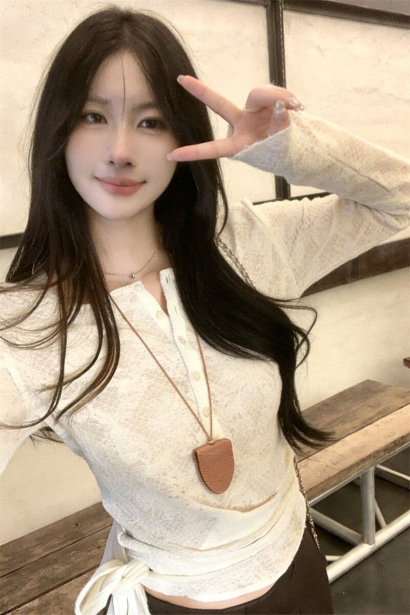 광저우 원본 원단 반 개방 칼라 헨리 칼라 기본 셔츠 여성 인사이드 가져 가라. 쇼트 스타일 긴팔 티셔츠 맨위 상세 이미지 5