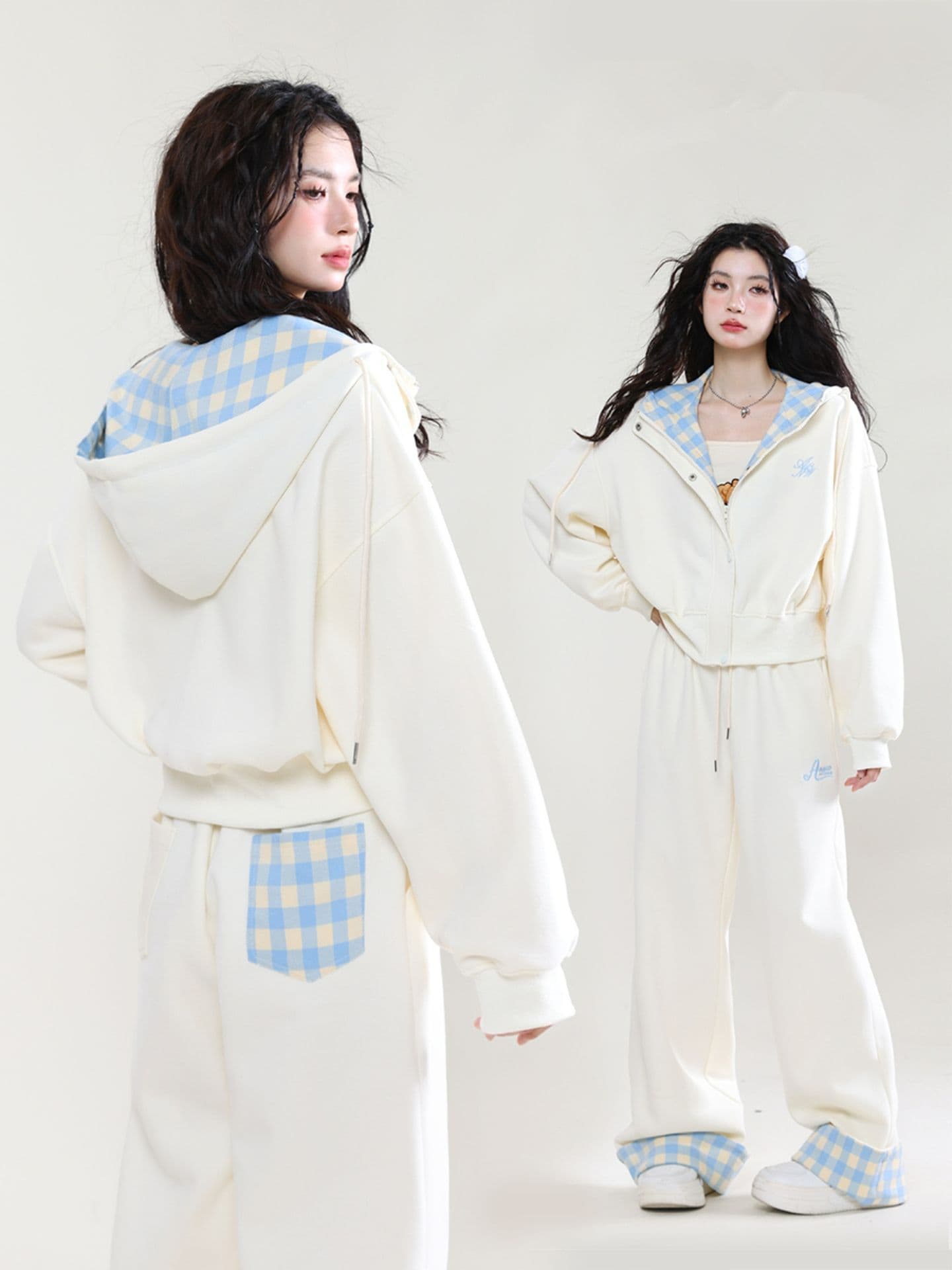 모방 면 사선 무늬 당겨 프레임 250그램 스포츠 슈트 여성 가을 루즈핏 패션 후드 티 스웨터 캐주얼 투피스 세트