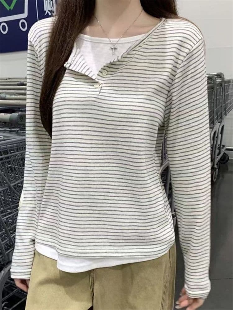 광저우 원단 원본 솜씨 한 부서 헨리 칼라 페이크 레이어드 스트라이프 새로운 긴팔 맨위 여성 이미지 3