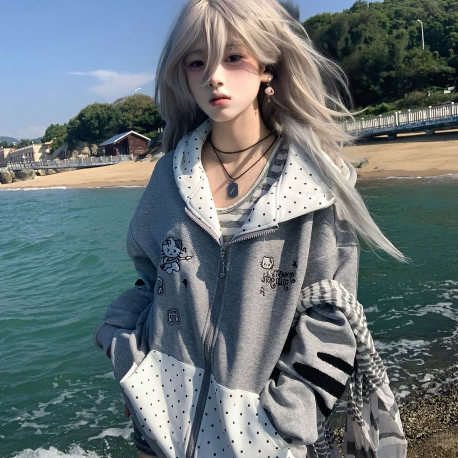 얇은 스타일 자수 이후 패키지 칼라 순수한 Mianhua 면 복합 후드티 여성 이미지 5