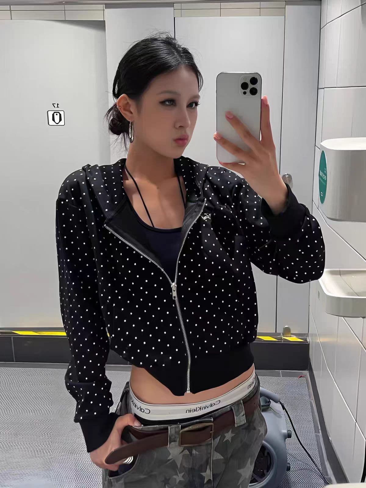원본 자수 가을 겨울 높음 거리 도트 무늬 전체 인쇄 지퍼 오픈 가디건 후드 티 스웨터 핫걸 몸매 가꾸기 재킷 상세 이미지 1