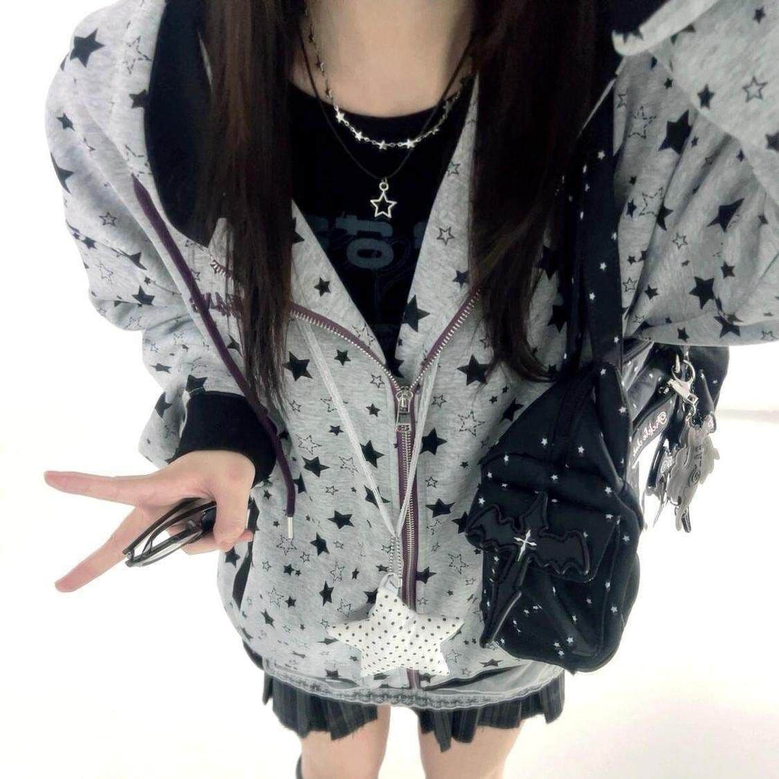 후아 면 더블 모자 인사이드 펌프 전체 인쇄 별 후드 티 스웨터 오픈 가디건 여성 가을 얇은 스타일 지퍼 배색 재킷 상세 이미지 4