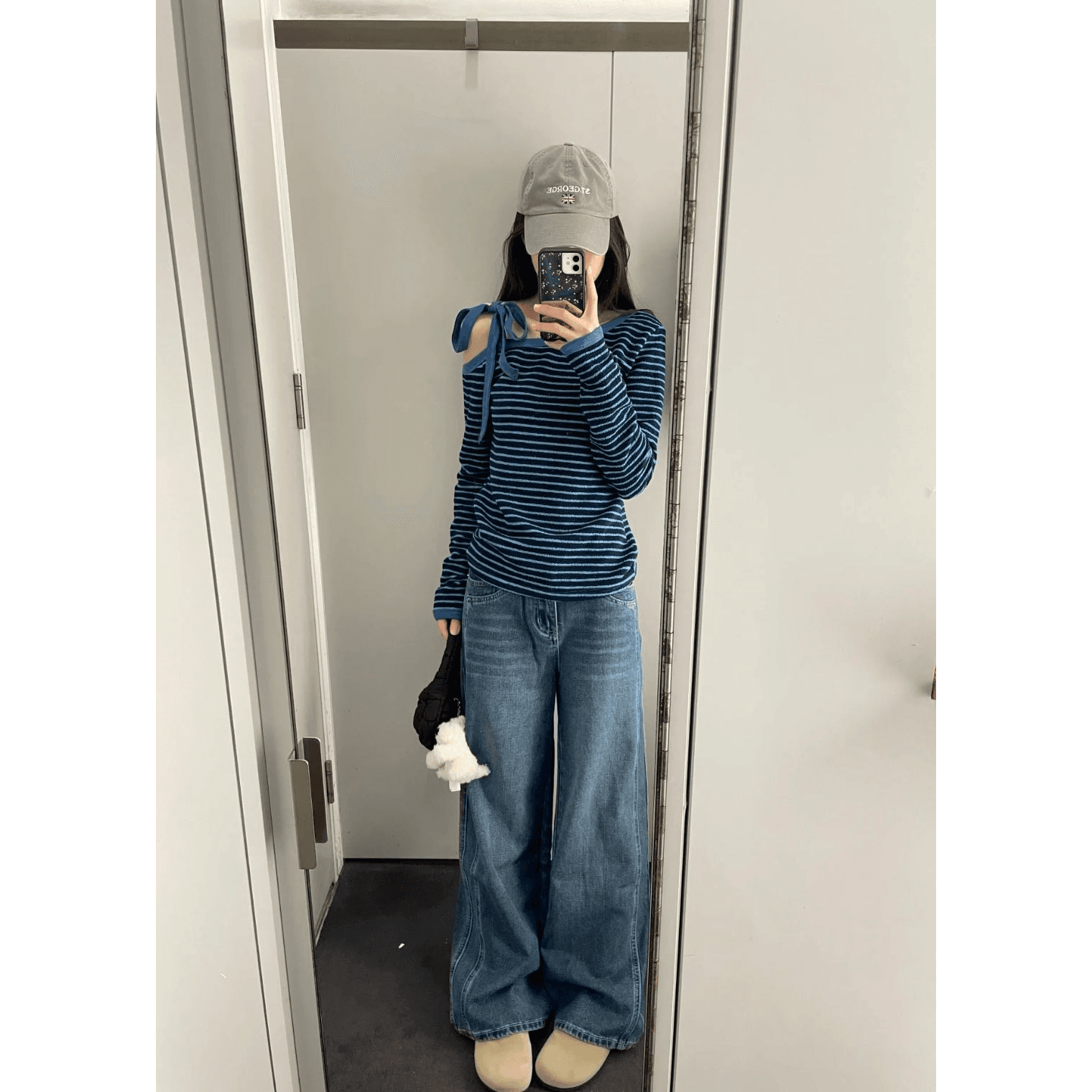 새로운 아메리칸 핫걸 바람 파란색 스트라이프 비스듬한 어깨 스트랩 몸매 가꾸기 다용도 긴팔 맨위 여성 상세 이미지 5