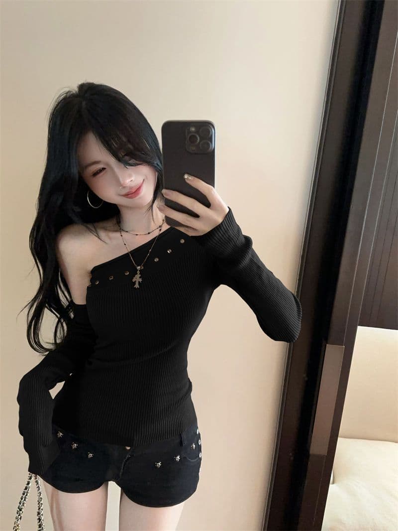 카키 색 징 비스듬한 어깨 긴팔 기본 셔츠 여성 조기 가을 한 부서 높음 지혜 센스 착용 가져 가라. 착용 가져 가라. 오프숄더 맨위 이미지 3