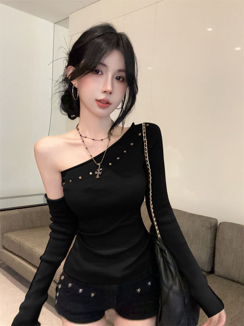 카키 색 징 비스듬한 어깨 긴팔 기본 셔츠 여성 조기 가을 한 부서 높음 지혜 센스 착용 가져 가라. 착용 가져 가라. 오프숄더 맨위 상세 이미지 2