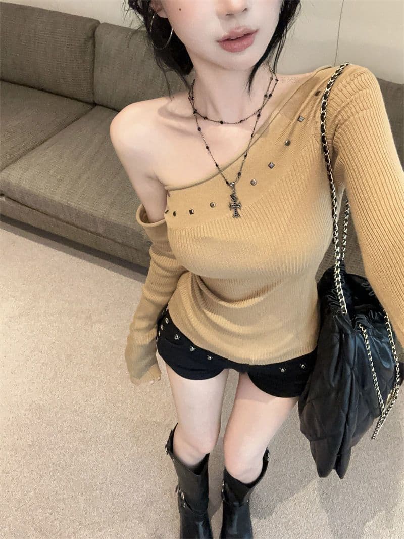 카키 색 징 비스듬한 어깨 긴팔 기본 셔츠 여성 조기 가을 한 부서 높음 지혜 센스 착용 가져 가라. 착용 가져 가라. 오프숄더 맨위 상세 이미지 5