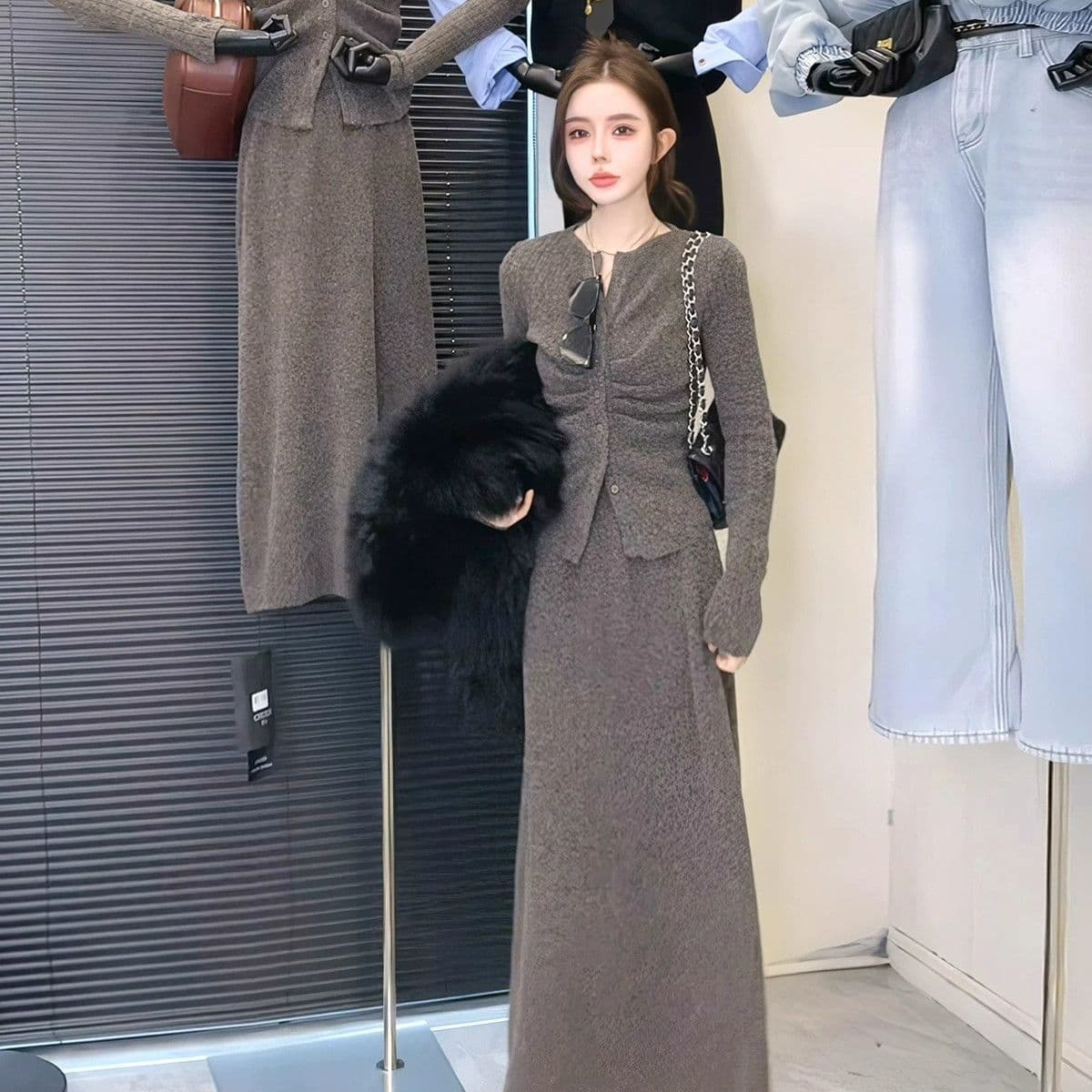 패션 세트 여성 가을 한 부서 주름 허리 수축 몸매 가꾸기 V넥 오픈 가디건 맨위 반신 스커트 투피스 세트 상세 이미지 4