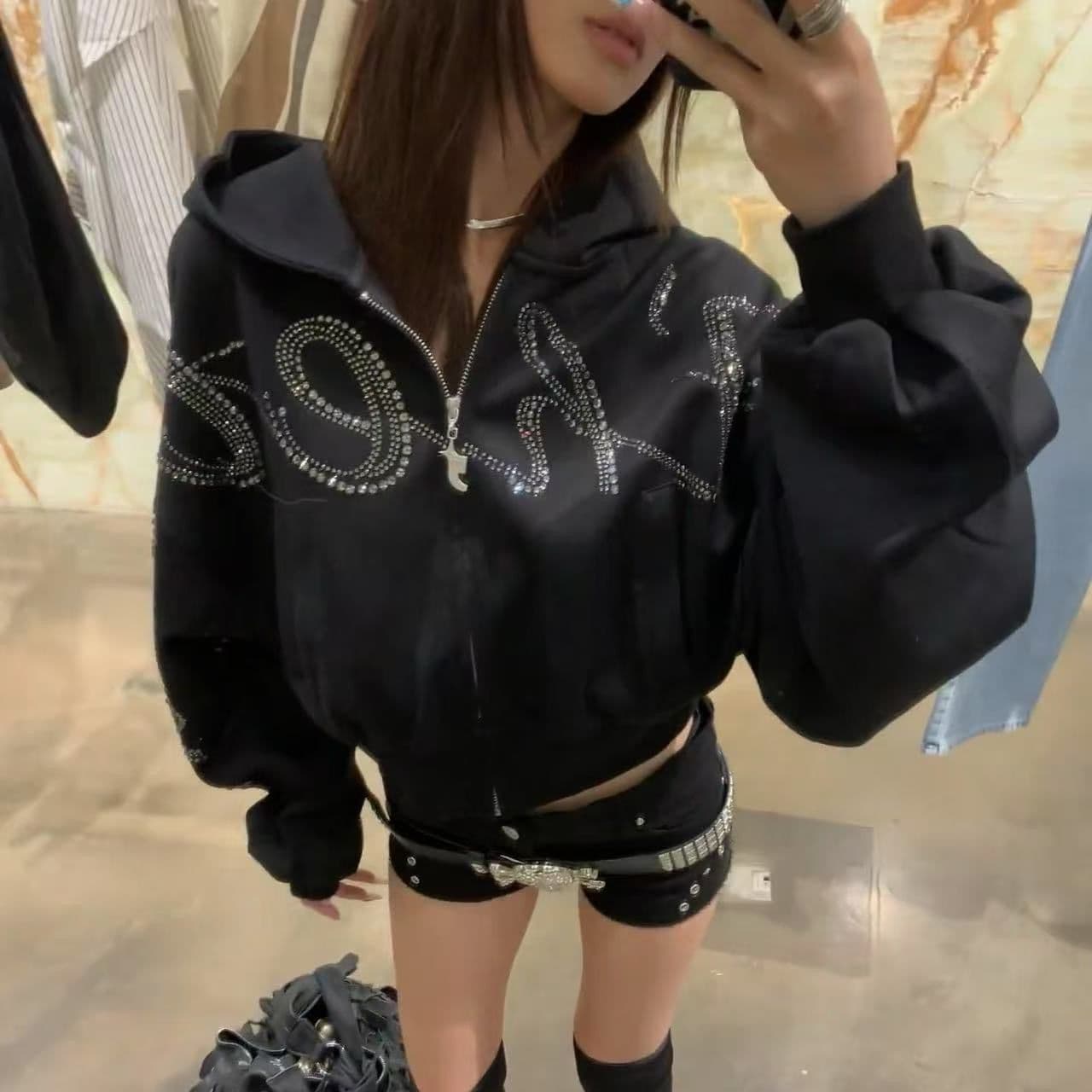 얇은 스타일 압력 훈련 백금 지퍼 이후 패키지 칼라 순수한 Mianhua 면 복합 후드티 여성 상세 이미지 1