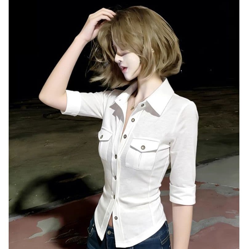 순수한 욕망 POLO 칼라 신축성 반팔 워크웨어 여성 셔츠 여름 새로운 맨위 상세 이미지 2