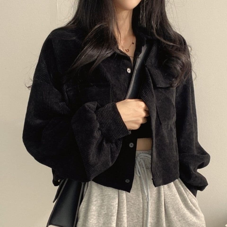 한국 chic 봄 가을 프랑스식 레트로 다용도 단추 폴로 칼라 쇼트 스타일 코듀로이 셔츠 긴팔 여성 코트 펌프 로프 이미지 2