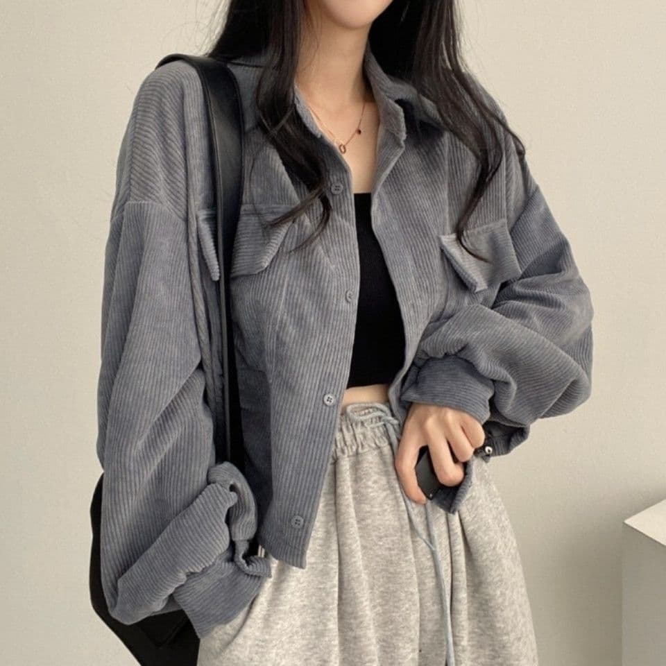 한국 chic 봄 가을 프랑스식 레트로 다용도 단추 폴로 칼라 쇼트 스타일 코듀로이 셔츠 긴팔 여성 코트 펌프 로프 상세 이미지 3