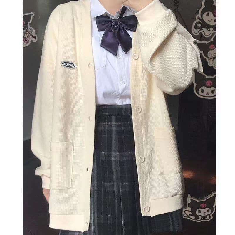 후아 남편 그리드 오픈 가디건 후드티 여성 디자인 센스 작은 대중 봄과 가을 느긋한 바람 니트 재킷 다용도 학생 맨위 트렌디