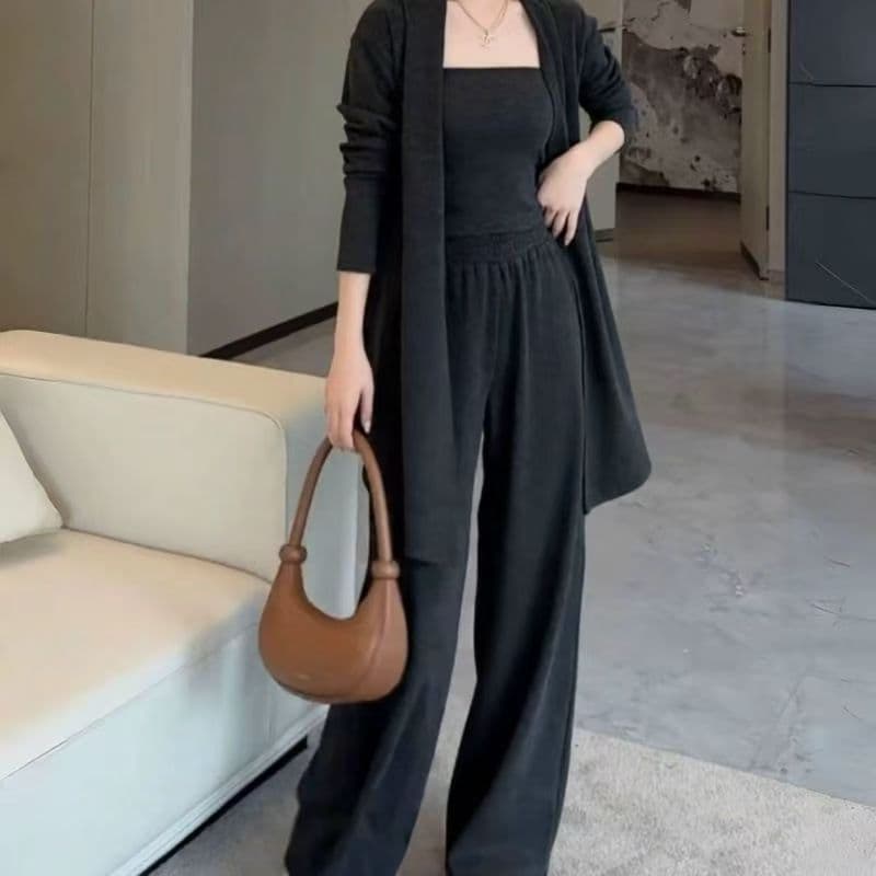 한 부서 롱 코트 찹쌀 봄 가을 3종 세트 오픈 가디건 와이드 레그 팬츠 슬립 새로운 패션 트렌드 세트 이미지 2