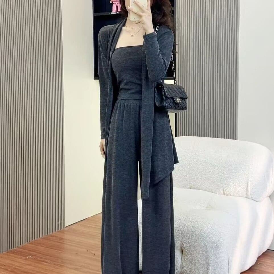 한 부서 롱 코트 찹쌀 봄 가을 3종 세트 오픈 가디건 와이드 레그 팬츠 슬립 새로운 패션 트렌드 세트 상세 이미지 4