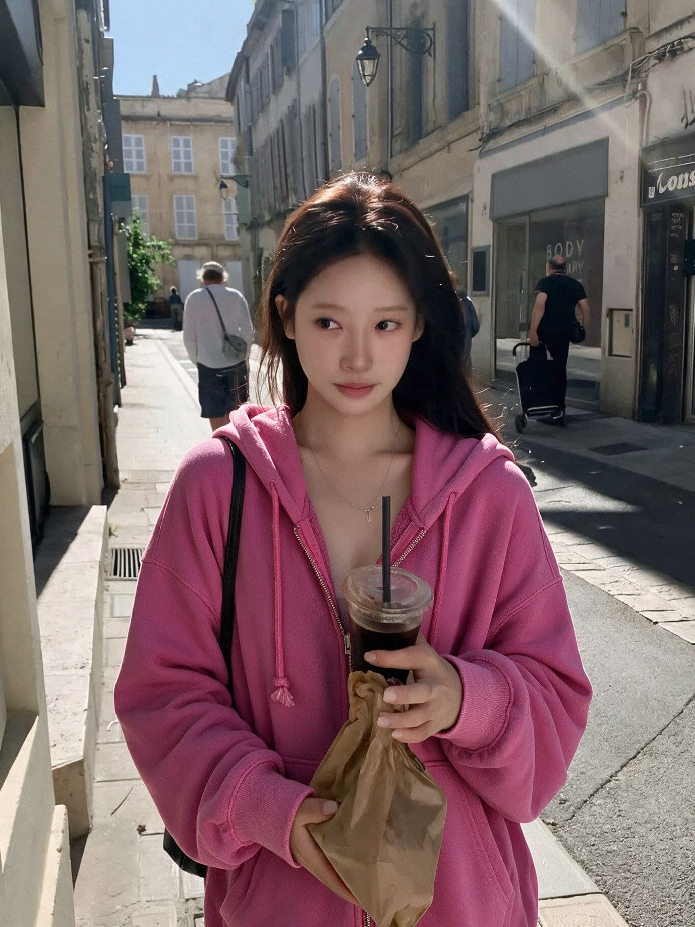 후아 면 복합 핑크색 후드 티 스웨터 여성 코트 가을 느슨함 센스 중간 길이 지퍼 맨위 이미지 3