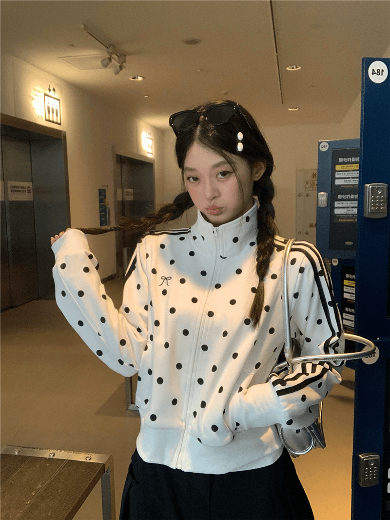 후아 면 복합 가을 2026 몸매 가꾸기 짧은 지퍼 오픈 가디건 화이트 도트 무늬 스탠드 칼라 후드티 여성 코트 상세 이미지 1