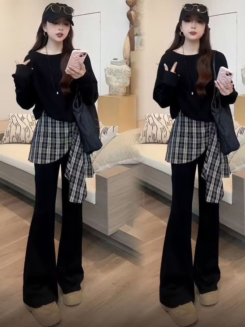 모방 면 사선 무늬 당겨 프레임 250그램 패션 고급 캐주얼 바지 세트 여성 봄 가을 긴팔 품격 투피스 세트 이미지 4